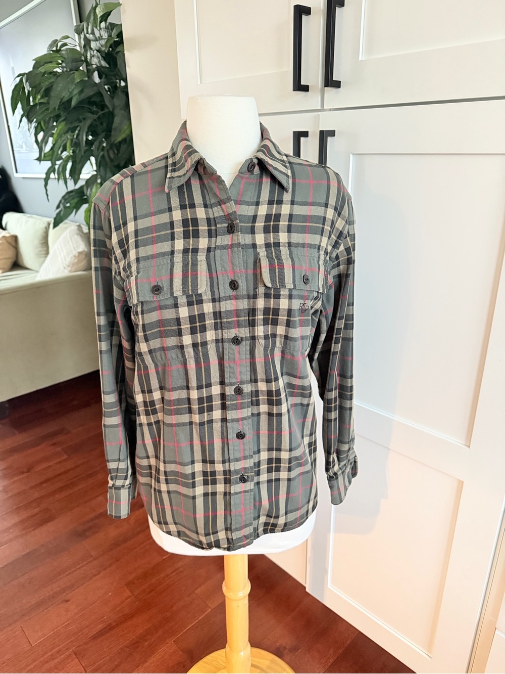 Vintage Ralph Lauren Plaid Flannel Shirt Women's Size Small Top Pockets Green